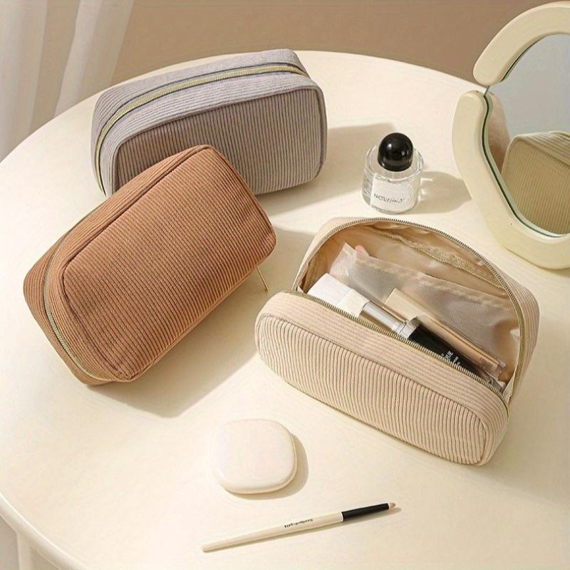 Minimalist Corduroy Travel Cosmetic Bag, Portable Handheld Beauty Organizer Pouch, Multi-use Daily Storage & Luggage Packing Bag