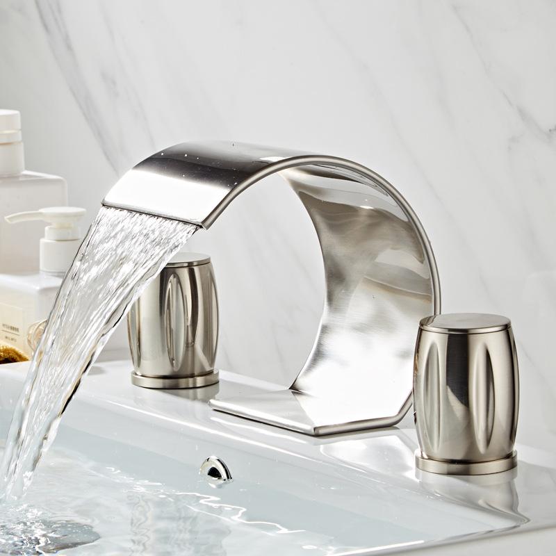 Basin Faucet 3 Holes Double Handles Bathroom Waterfall Faucet Nickel Finished Three Pieces Bathroom Bathtub Faucet Crane Tap