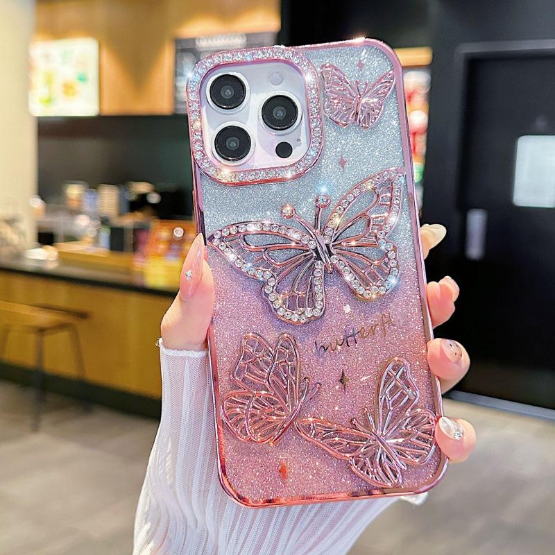 Butterfly Diamond Soft Rubber Phone Case for iPhone 15/16 Pro Max Full Coverage