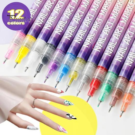 Nail Design Pens 12Pcs Art 3D Quick Dry 0.5MM DIY Gel Acrylic Markers Set Paint Point Graffiti Dotting Liner Pen Drawing Painting Tools