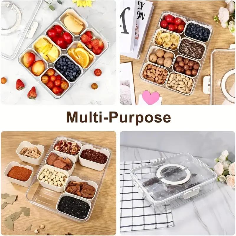 8-Compartment Removable Snack Box with Lid & Handle - Plastic, Ideal for Lunch, Salad, Charcuterie, Candy, Party - Fridge & Travel Use