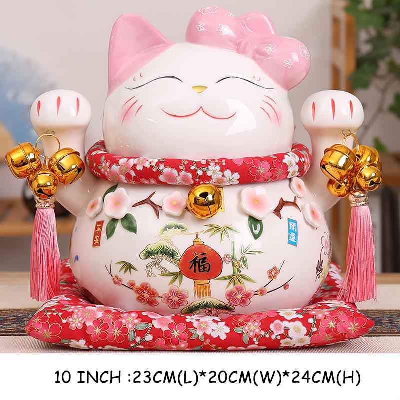 Ceramic Lucky Cat Money Bank Maneki Neko Fortune Cats Porcelain Happy Smiling Cat Figure Feng Shui Decor Ornament