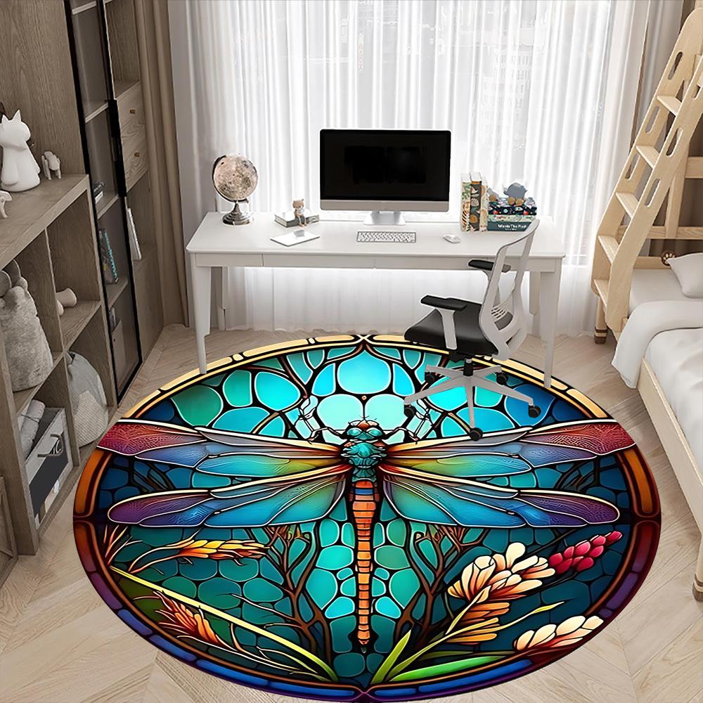1PC Dragonfly StainedGlass Office Round Area Rug, Mat Suitable ForOffice, Under Office Chairs Bedroom Living Room Home Decor, Room Deco