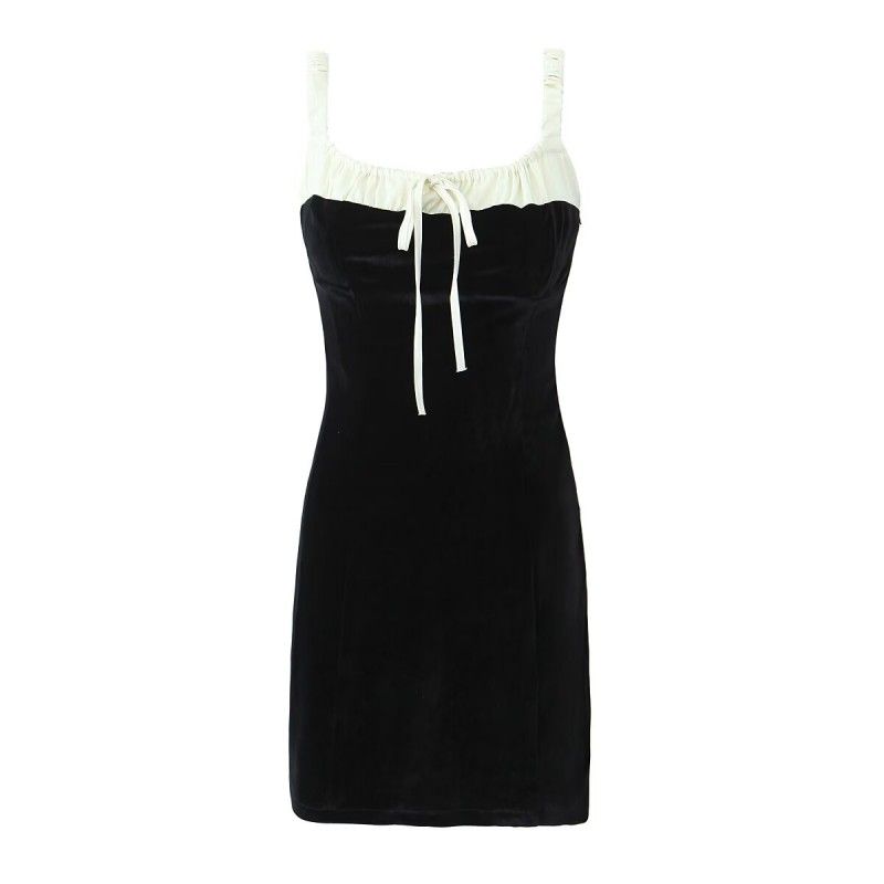 

Black Velvet Square Collar Slimming Sling Dress Drawstring Contrast Color velvet Dress(High quality) L