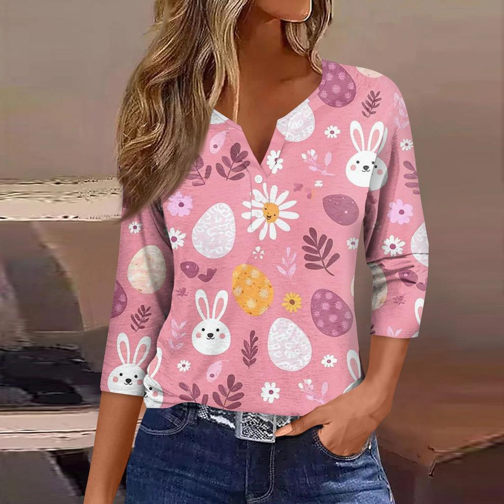 Women's Fashion Casual Easter Printed V-neck Short Sleeve Decorative Button Seven Sleeve T-shirt Top