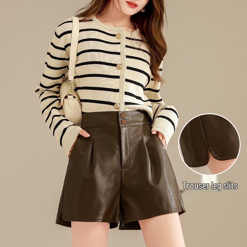 

Women s High-Waist Brown PU Leather A-Line Shorts for Autumn/Winter 2025 - Casual Wide-Leg Fashion. M чорний