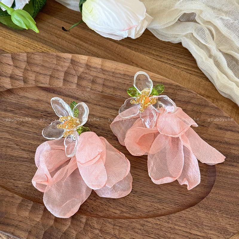 

Островной стиль ~ Желтые серьги-цветы для женщин, стиль морского отдыха, яркие серьги, цвет дофаминовый, серьги-клипсы для ушей Young Adult powder flower earrings-Silver Needle