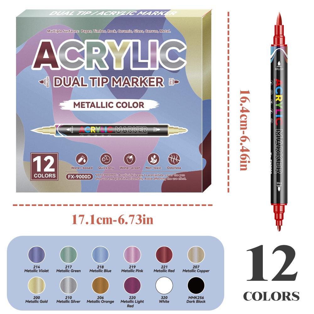 Premium  Direct Liquid Dual Tip Acrylic Marker 12 Colors Brush Soft&Fine Tip Marker Art Painting Pen For Rock Graffiti