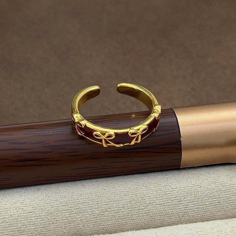 Sweet And Cool Girl Style Gold Bow Enamel Diamond Zir*****Pen Ring Niche High-End Feeling Stacked Ring Woman