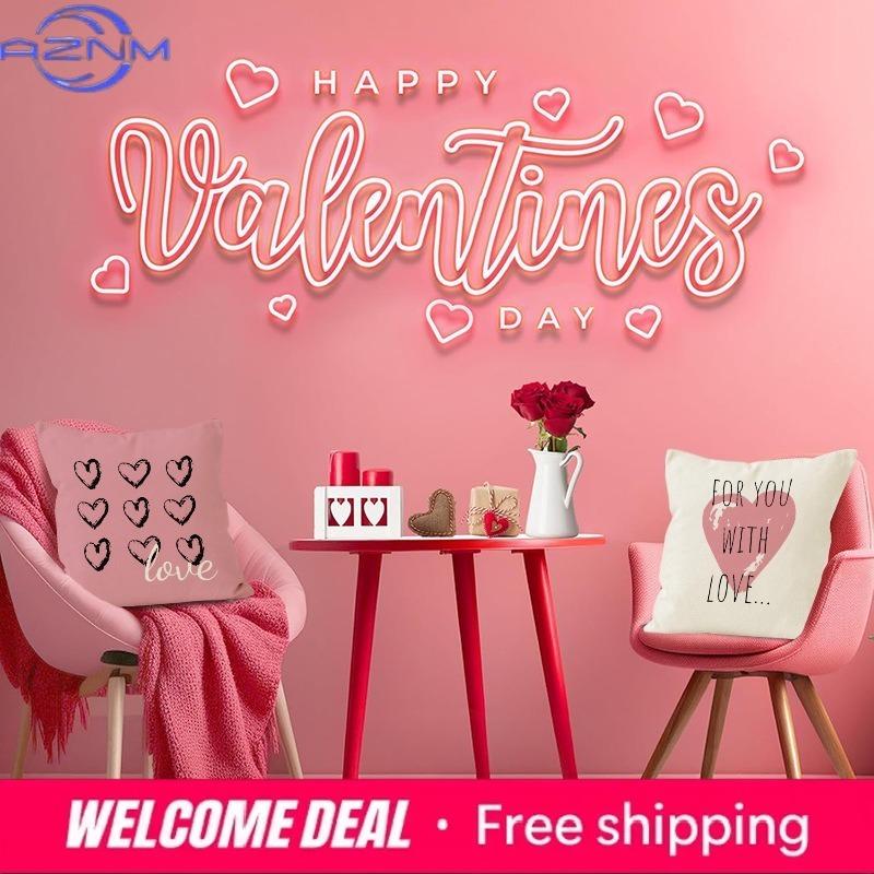 Valentine'S Day Pink Heart Print Home Decor Pillowcase Bedroom Living Room Sofa Decoration Polyester Cushion Cover With Zipper