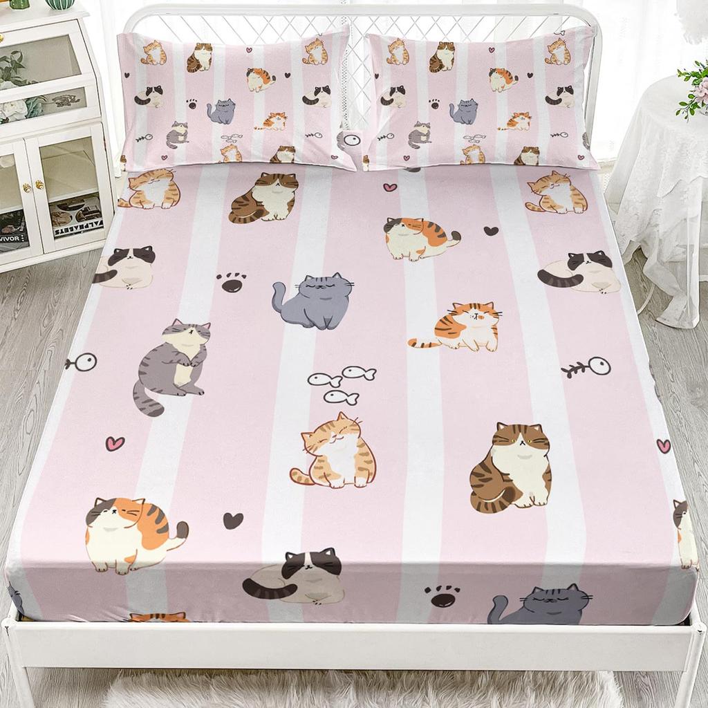 Cute Cartoon Kitten Pattern Bed Hat Three-Piece Digital Printing Bedding Set Adult Children