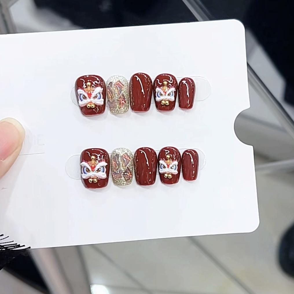 Pure Hand-made Phototherapy Wearer Red Lion Dance Finished Product Reusable Nail Art Patch