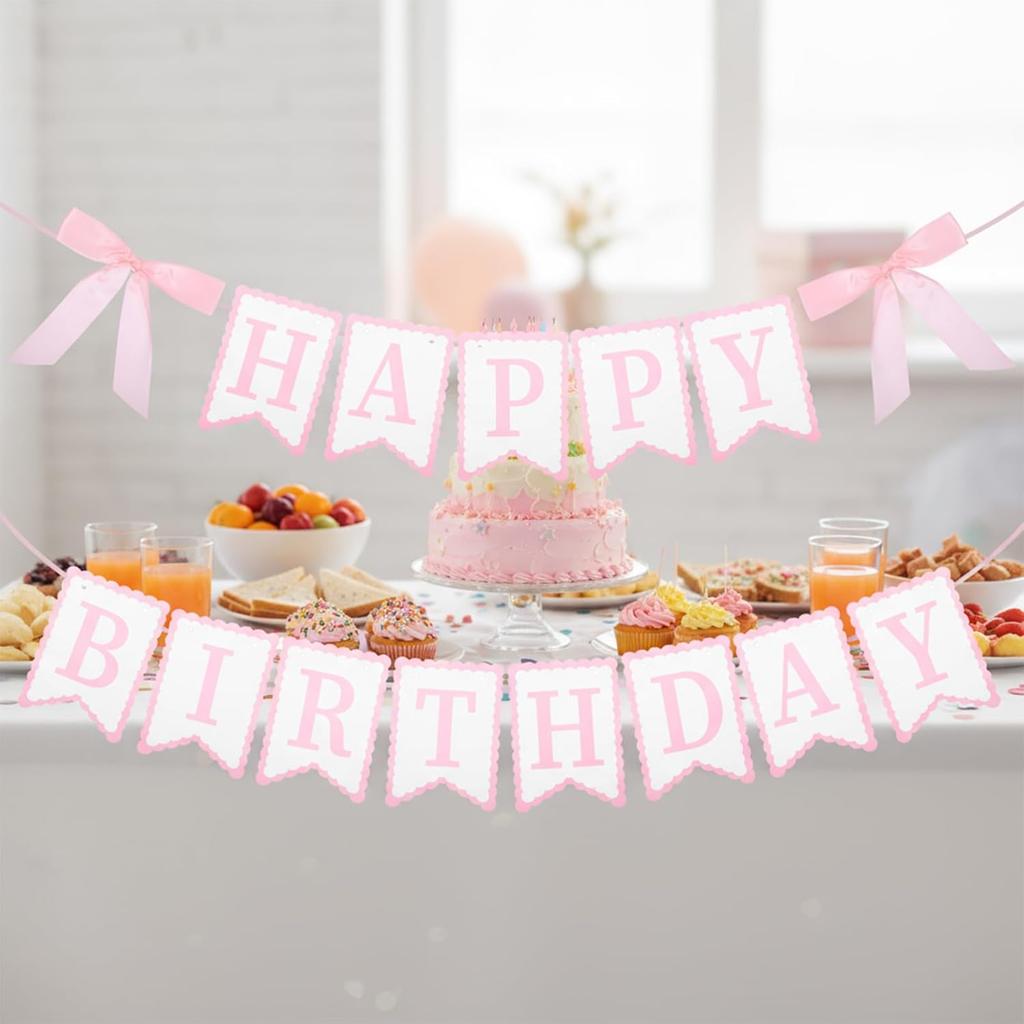 JIEYAO Pink Bow Happy Birthday Banner, Coquette Birthday Garland with Scalloped Letters for Bow Birthday Decorations Women Cake Smash Party