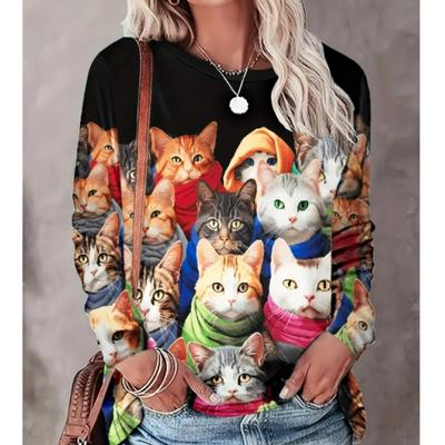 Sieviešu modes topi 3D Cat Print Ikdienas T-krekls ar vaļīgām piedurknēm garām piedurknēm T-krekls ar apaļu kakla izgriezumu Sieviešu Harajuku Tops