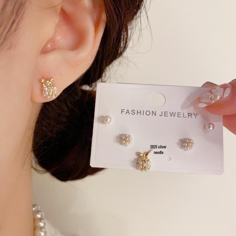 Elegant Pearl Bow Stud Earrings Set - Three-Piece Collection