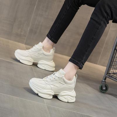 Autumn and Winter New Trendy Sports Casual Shoes Thick Sole Heightening Versatile Female Dad Shoes Leather Surface Soft Sole