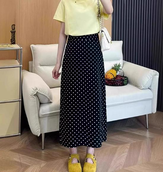 

High-End Black Polka Dot High-Waisted Mid-Length Skirt for Girls - Autumn/Winter Style M чёрный