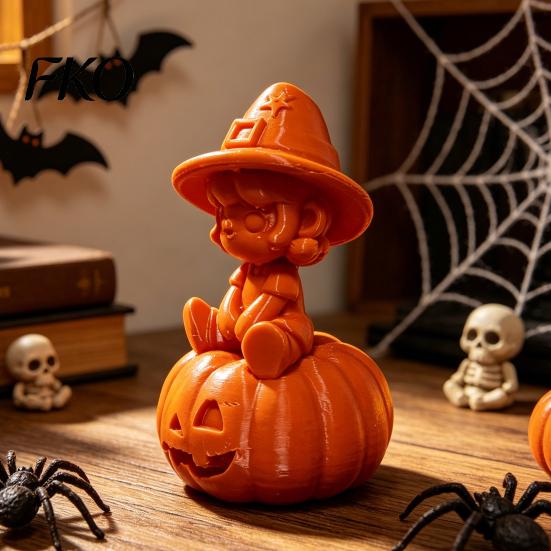 Desktop Pumpkin Girl Decor 3D Printed Figurine, Spooky Witch Statue, Halloween Decoration Sitting On Ornament for Party Carved
