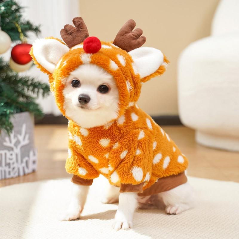 Pet Christmas Costume Deer Print Hooded Warm Outfit Medium Dogs Cats Winter