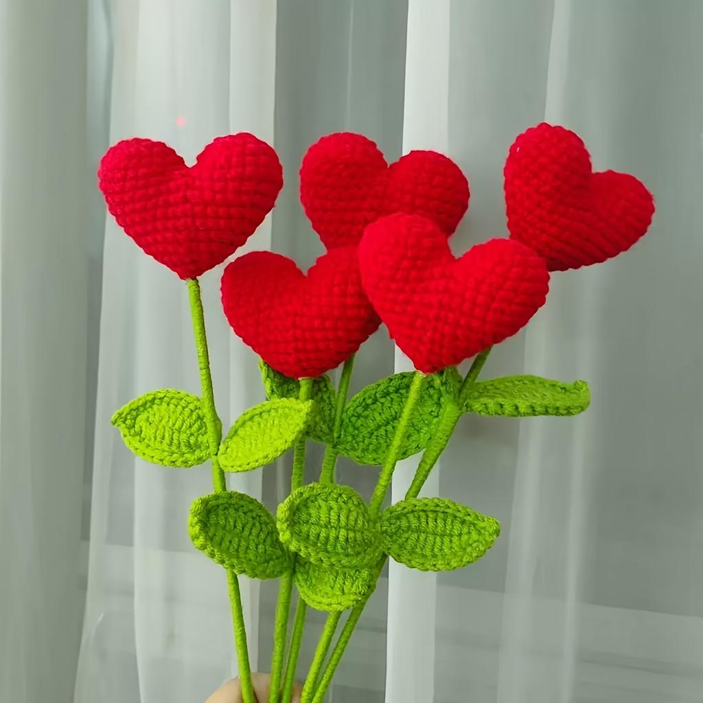 2/5pcs Handmade Crochet Heart Bouquet, Yarn Love Flowers with Green Stems, for Valentine'S Day,Mother'S Day,Birthday Gifts