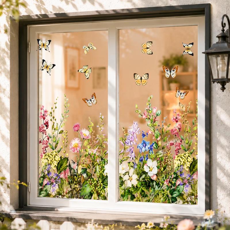 Floral Butterfly Window Static Cling 1/2 Sheets Wildflower Pattern Sticker for Birthday Party Window Decoration