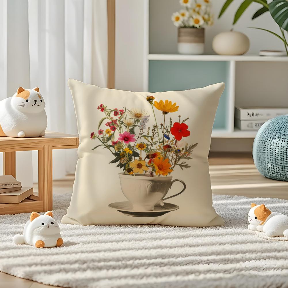 Painting Cup of Flowers Pillow Case Silky Elegant Comfort Sofa Bed Invisible Zipper