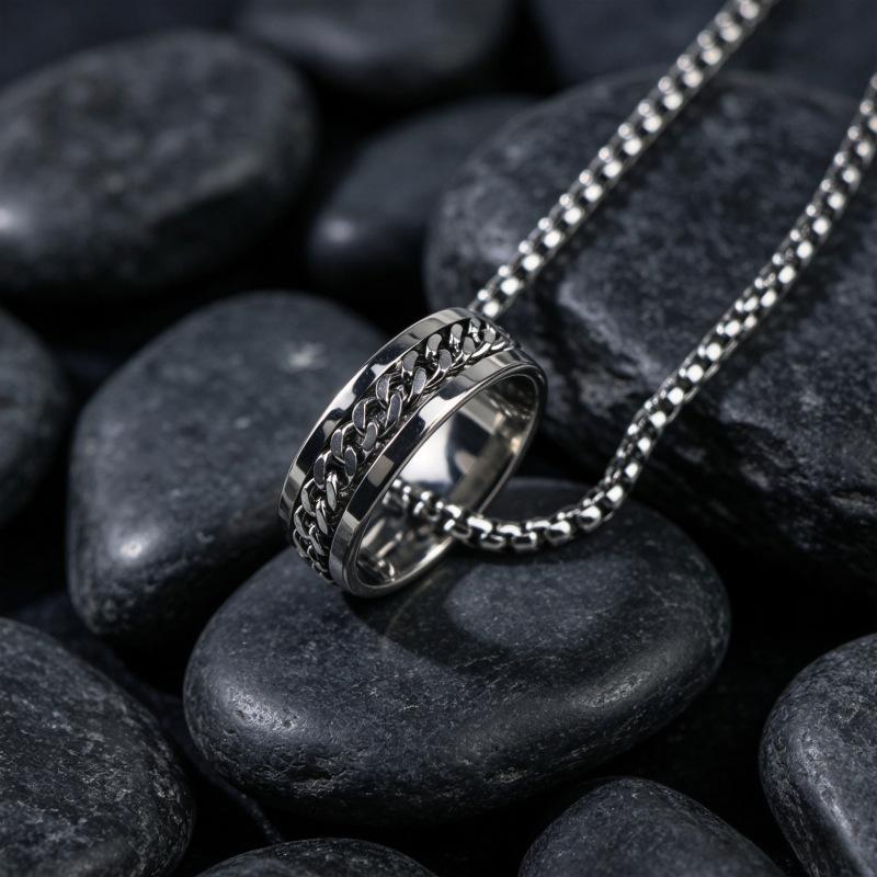 Titanium Steel Hip Hop Men s Ring Necklace – Trendy Personality Accessory for Clubbing and Internet Celebs.