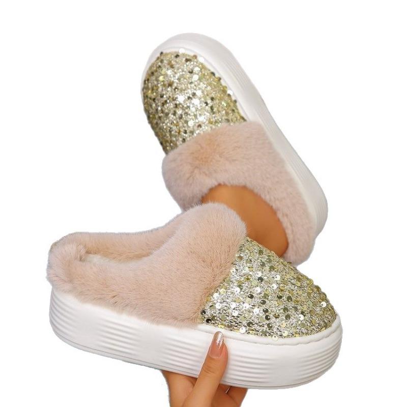 Large Size Women's Platform Cotton Shoes, Piled and Thickened Autumn and Winter New Snow Boots, Sequined Fashion Snow Boots