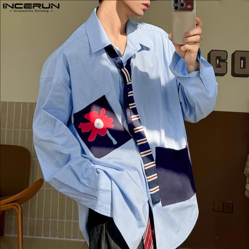 INCERUN Oversized Men Lapel Neck Long Sleeve Floral Print Plaid Casual Shirts Tops
