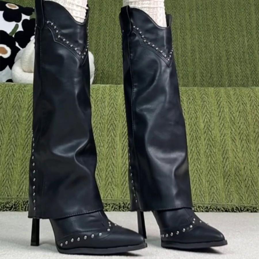 Black Retro Style Pointed Rivet Trouser Boots 2025 New Niche Design Sense Fashionable Versatile Western Cowboy Boots