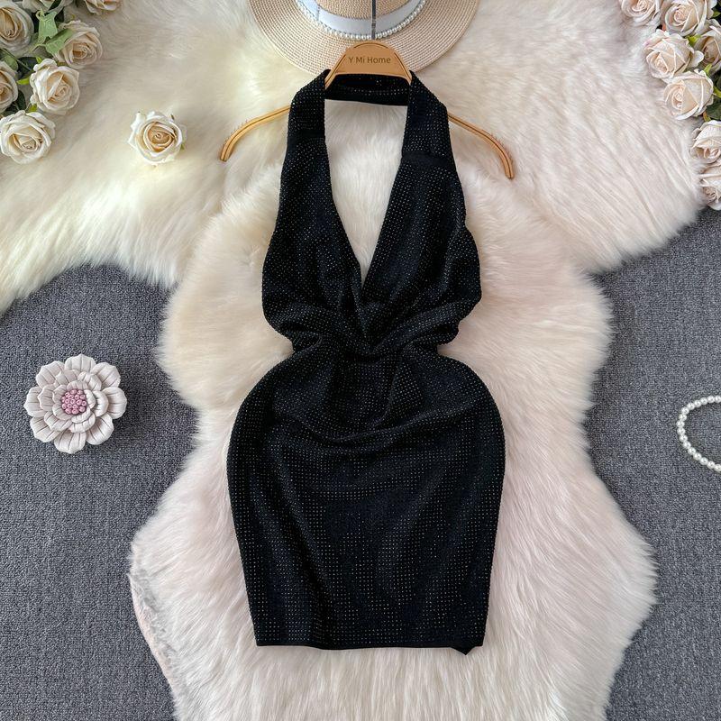 

Shiny Hot Drilling Dress Outwear Open Back Slim-Fit Sequined Black All yards