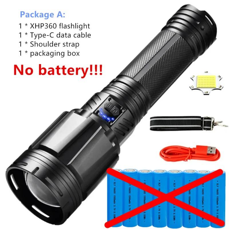 Ultra Bright Flashlight XHP360 LED Zoomable Spotlight Long Range Emergency Torch USB-C Rechargeable Detachable 18650 Battery