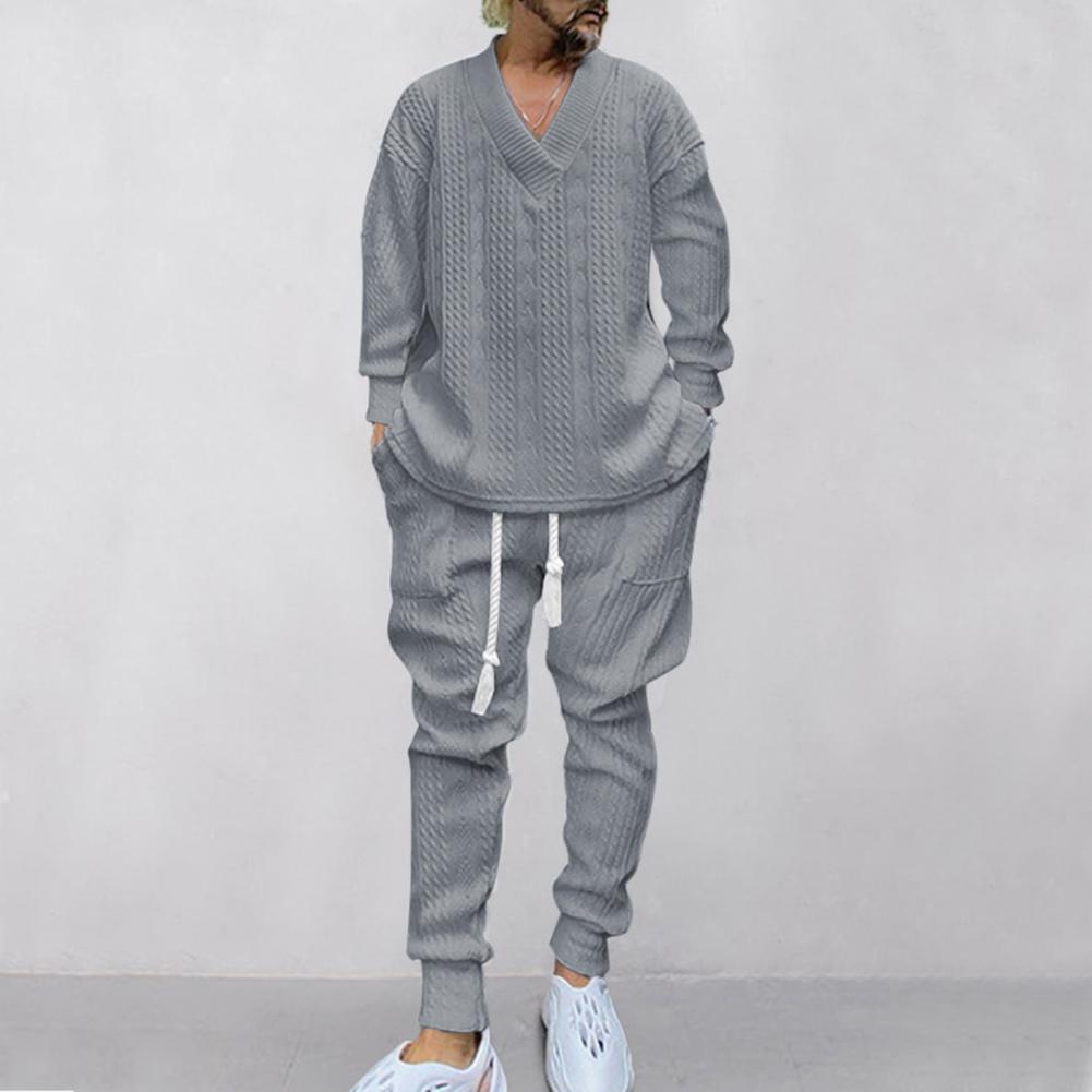 2Pcs/Kit Male Athletic Activitieswear Suit V-Neck Long Sleeve Tops Elastic Drawstring Waist Sweatpants with Pockets Kit Twist  Practical Use