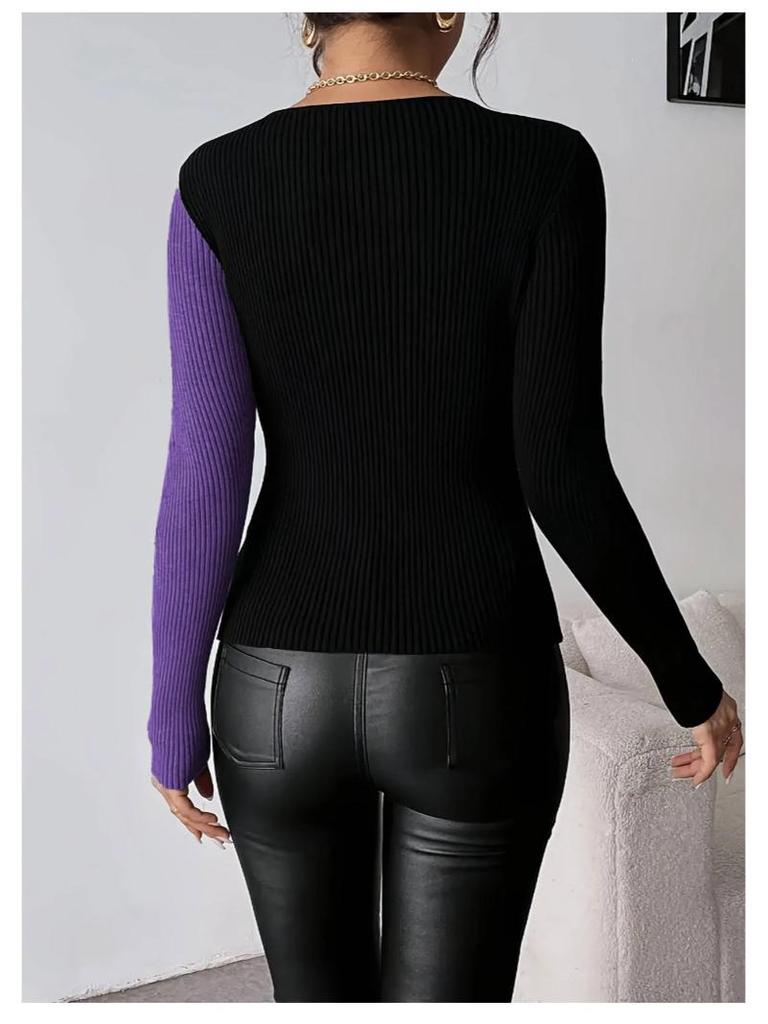 Pull Tricoté Élégant Col V Bloc de Couleurs 2025 - Top Automne/Hiver à Manches Longues pour Femmes