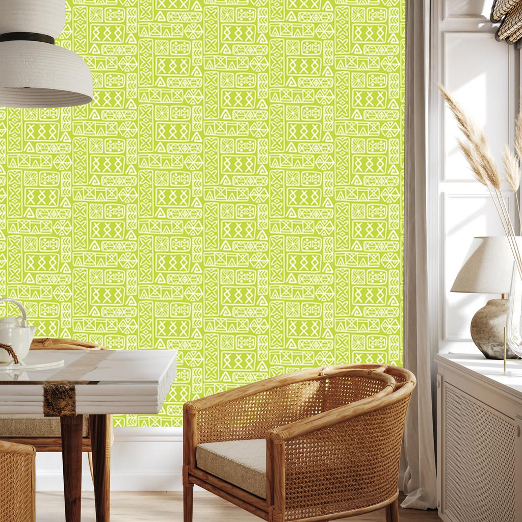 Polynesian Geometric Pattern Wallpaper Lime and Cream 50x1000