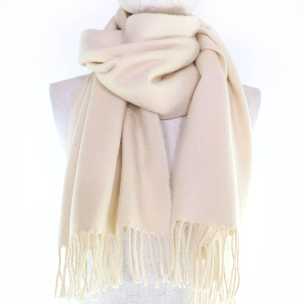 Great HERMES Scarf Recto Verso Embroidered logo with fringe Ivory cashmere Women Used
