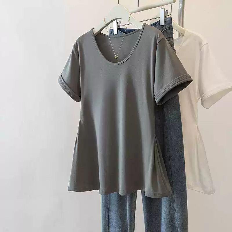 

Женский топ большого размера, скрывающий живот, облегающего кроя, с короткими рукавами, расклешенный XL серый