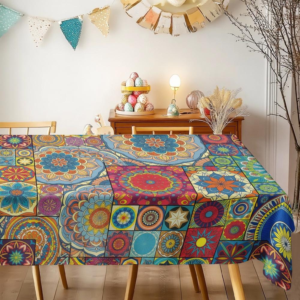 Boho Floral Mandala Rectangle Table Cloth for Table Decor Kitchen Dining Waterproof Reusable Tablecloth for Table Wedding Party