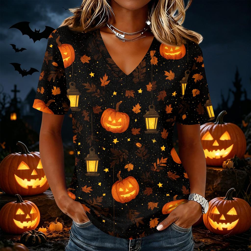 Women's Casual Short Sleeve V Neck Pullover Top Halloween Pumpkin Print Lightweight Comfortable Fit