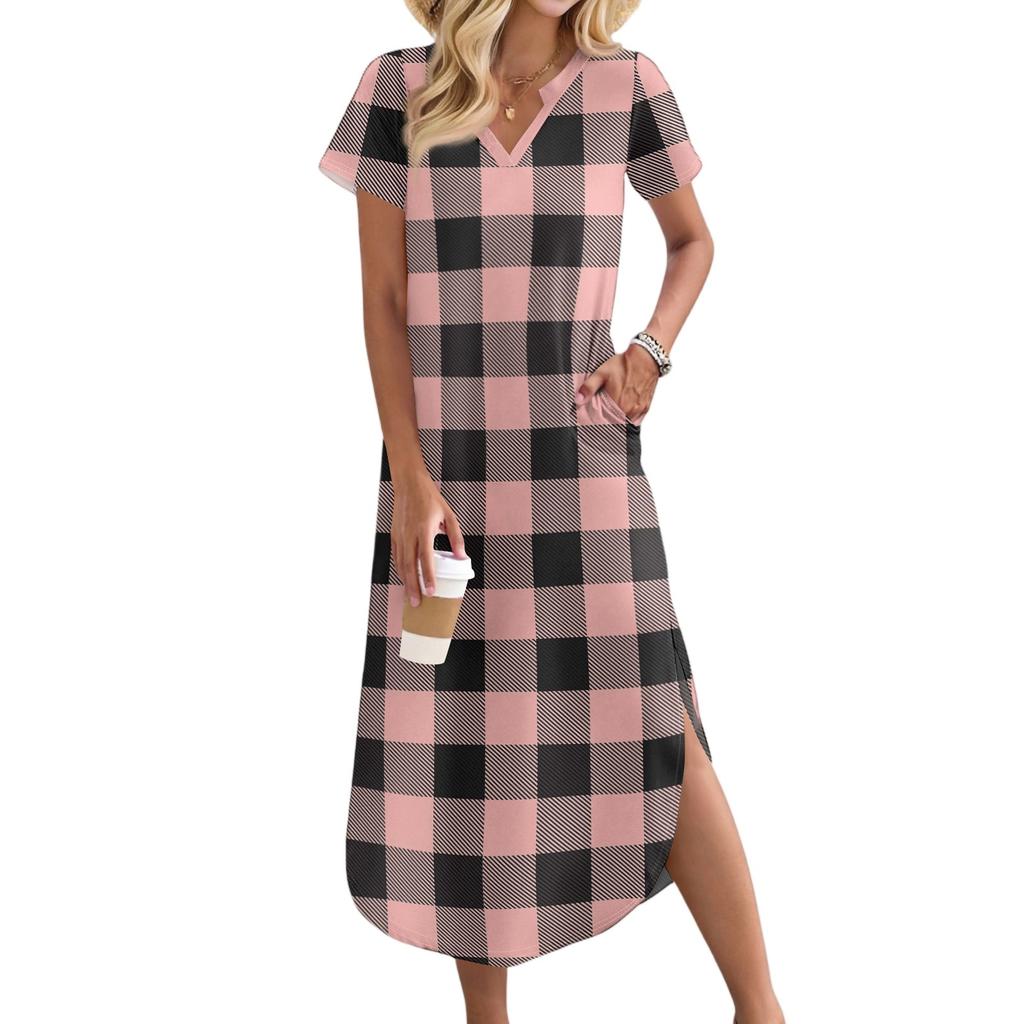 Women's Casual Comfortable V Neck Loose Hem Split Vacation Short Sleeve Plaid Long Dresses