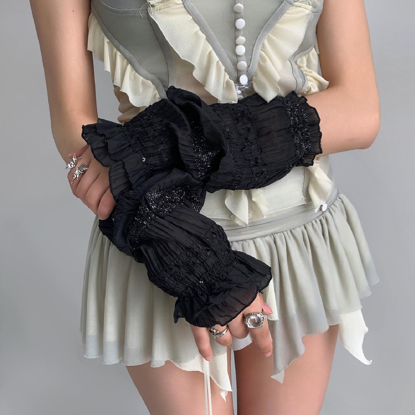 

лолита сверкающие солнцезащитные нарукавники для женщин летом с тонкими рукавами, кружевные плиссированные носки в балетном стиле one size fits all чёрный