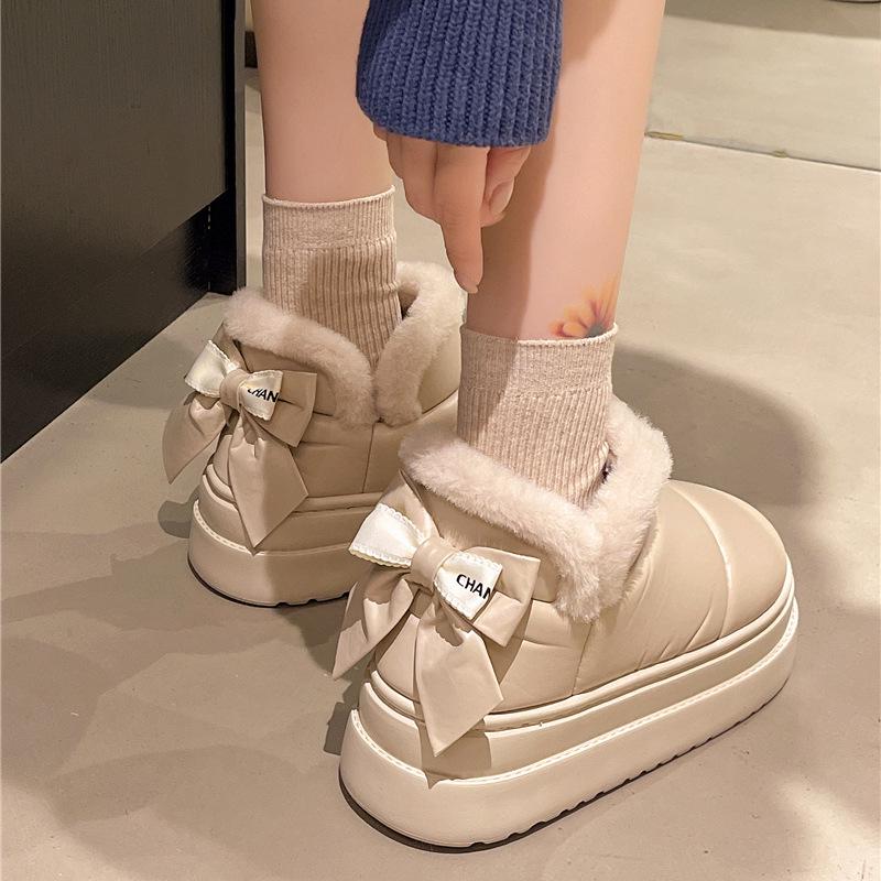 Women's Waterproof PU Leather Slippers: Thick Sole, Warm Velvet, Non-slip Bow Design for Outdoor Use