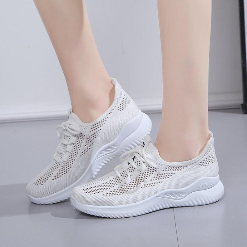 Fashion Women Sneakers Fashion Lace Up Mesh Breathable Outdoor Walking Small White Shoes Round Toe Non-slip Thick Sole Tennis Shoe Mujer
