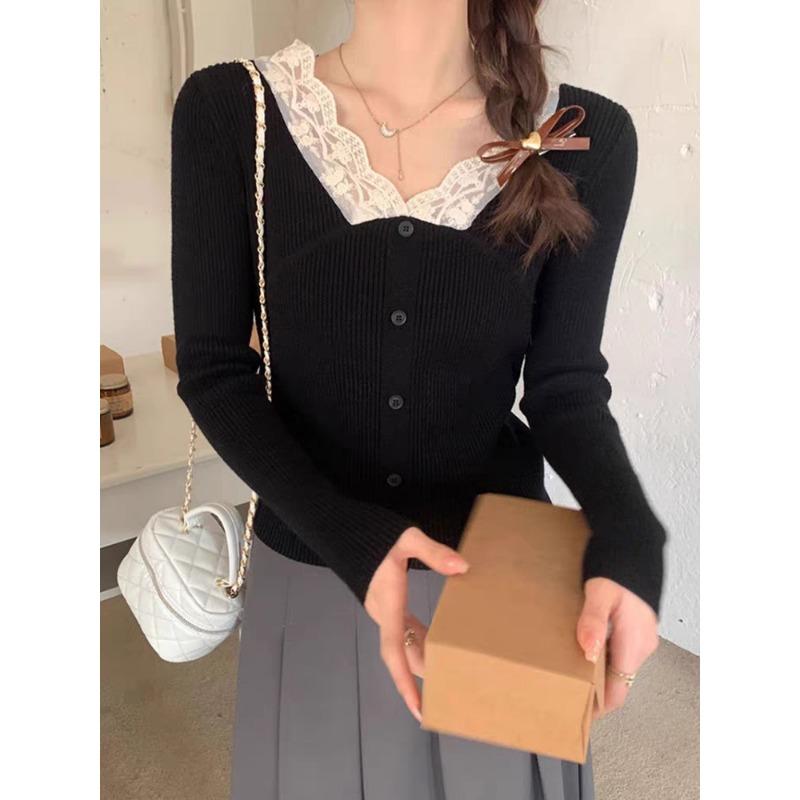 Herbst Winter V-Ausschnitt Langarm Strick Damen Pullover Top Lässig Einfach Spitze Büro Unterziehshirts Damen Süß Basic Slim Fit Knöpfe Pullover