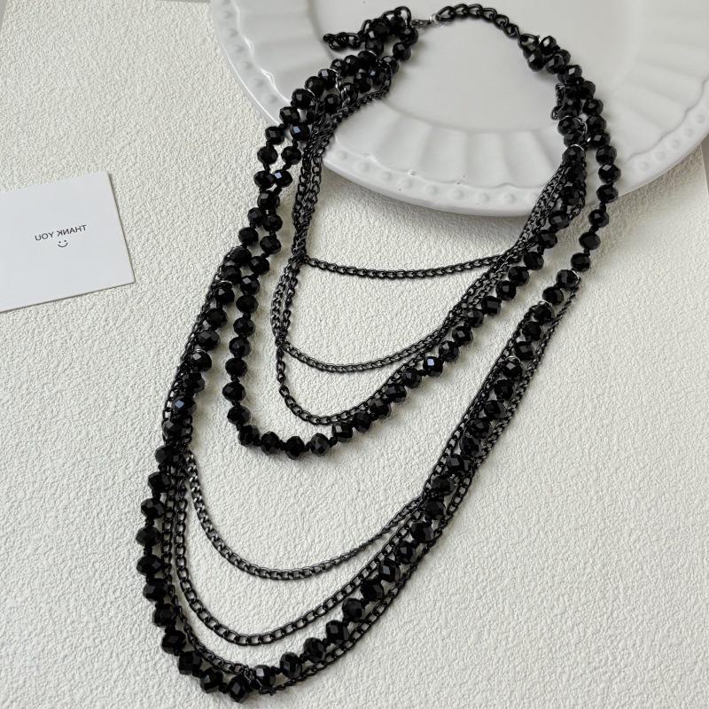 Elegant Dark Multi-Layer Bead Chain Necklace - Women's Fashion Layered Choker Clavicle Chain