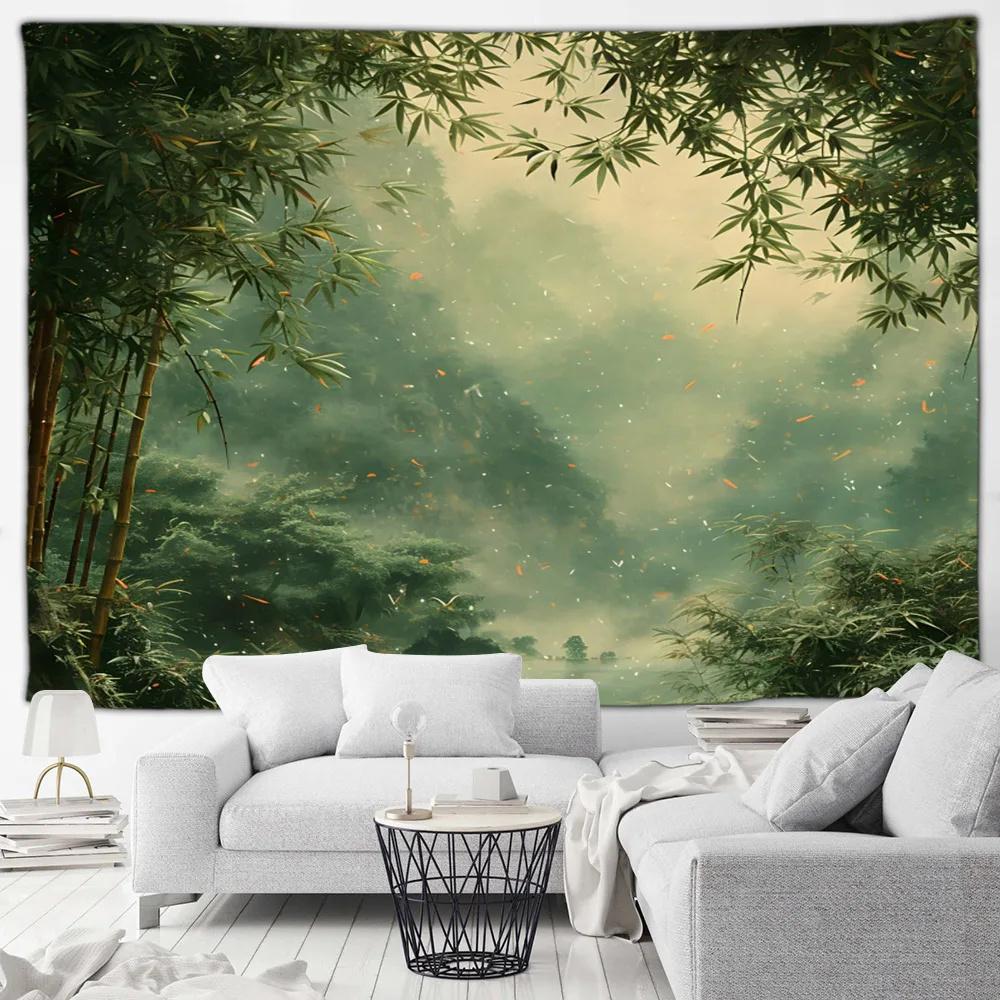 Japanese Scenery Tapestry Cherry Blossom Flowers Misty Landscape Chinese Style Wall Hanging Art Decoration Home Decor Background