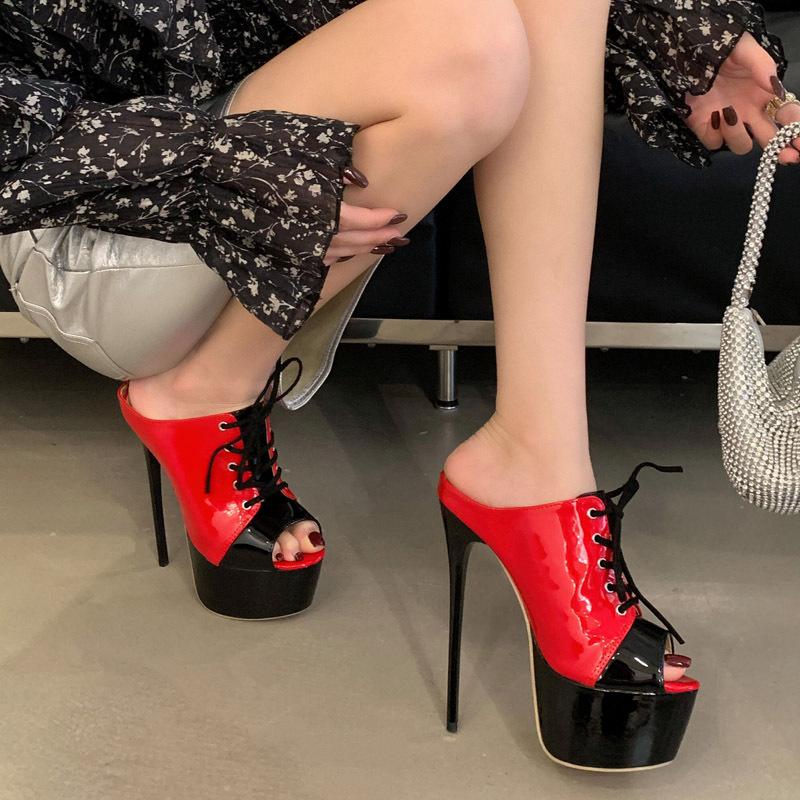 Ladies slippers women's summer new one-word fashion color matching lace-up black high-heeled slippers
