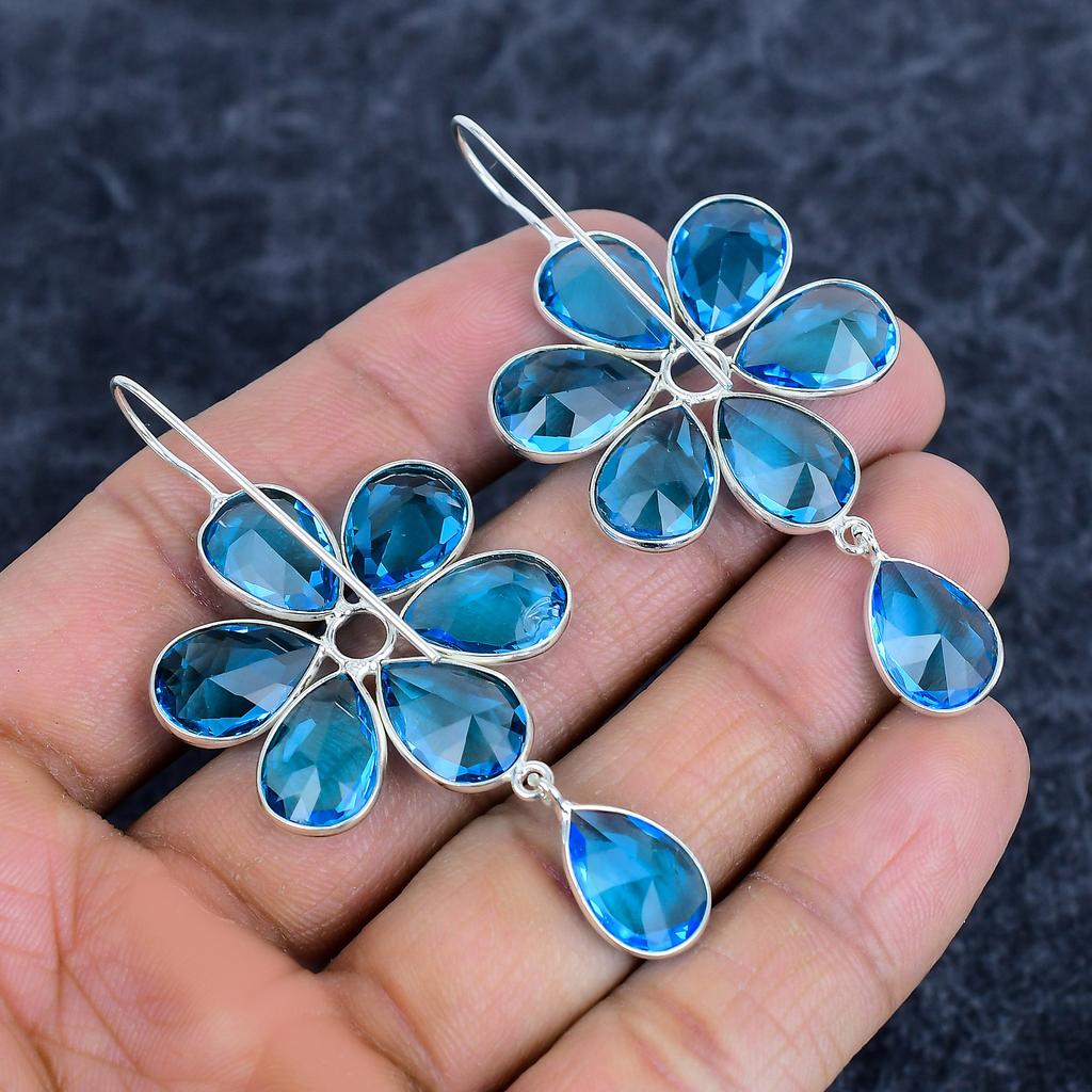 Blue Topaz Gemstone Handmade 925Sterling Silver Jewelry Earring 2.76" M-3140
