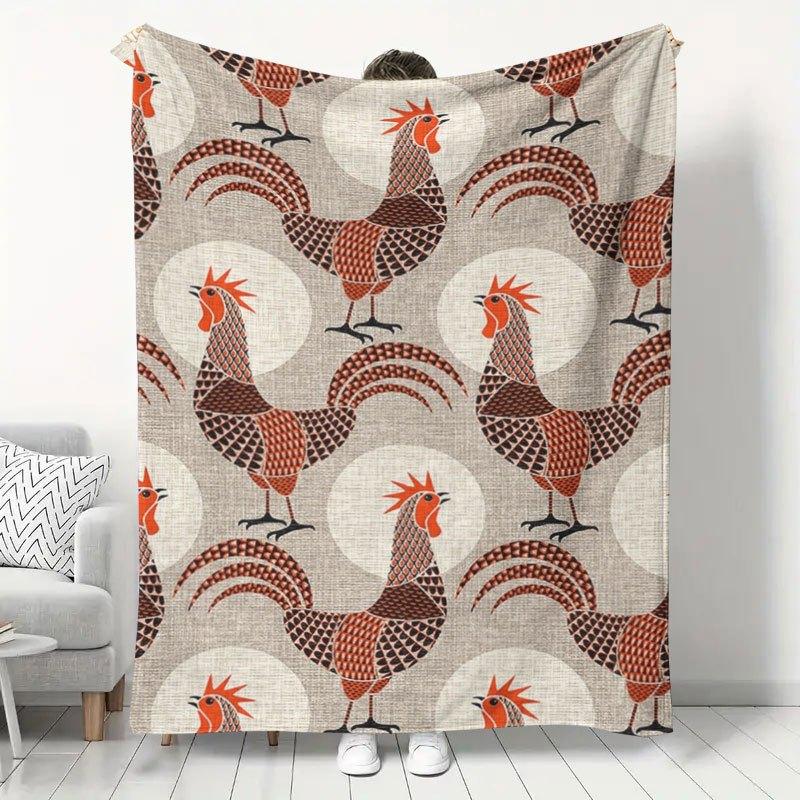 1pc Retro Rooster Print Flannel Blanket, Home Bedroom Dormitory Warm Nap Blanket, Sofa Decorative Throw, Country Style Easy Care Shawl Blanket