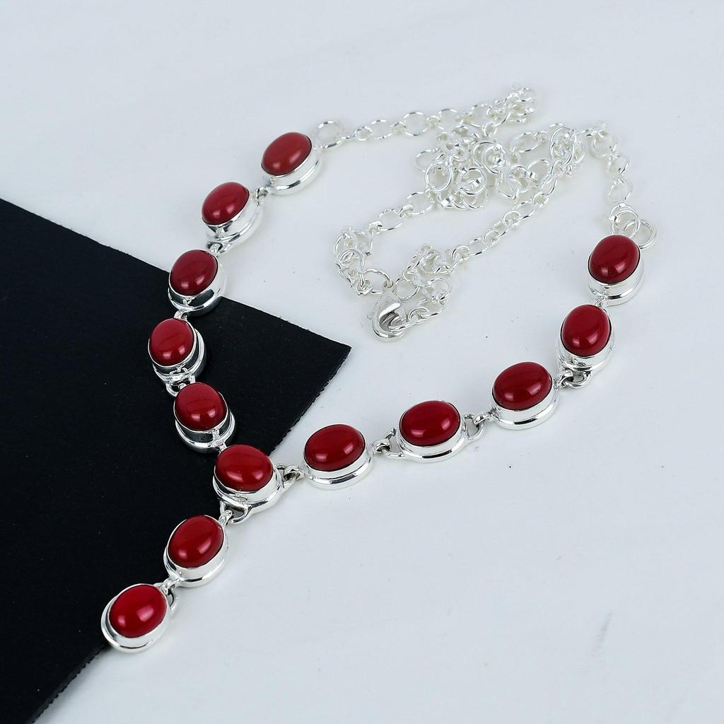 Natural Red Coral Gemstone Handmade 925 Sterling Silver Necklace, Red Coral Silver Necklace For Wife, Unisex Necklace, Love Gift
